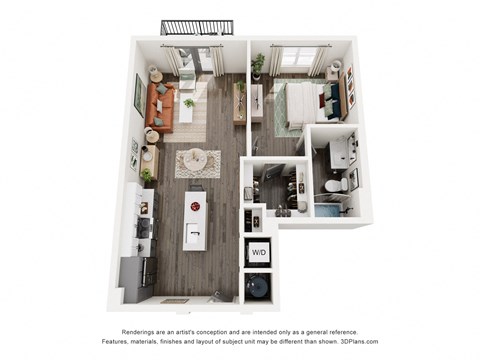 Floor plan for 1 bed, 1 bath, 750 sqft